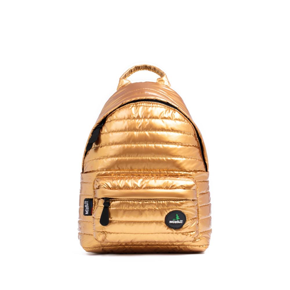 Mueslii original puffer medium and small backpack made of metal coated nylon and Ykk zips, color gold, front view.