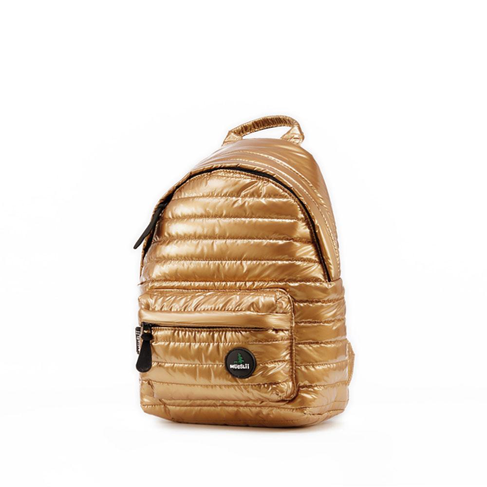 Mueslii original puffer medium and small backpack made of metal coated nylon and Ykk zips, color gold, light and confortable.