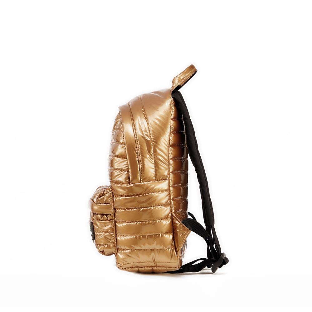 Mueslii original puffer medium and small backpack made of metal coated nylon and Ykk zips, color gold, side view.