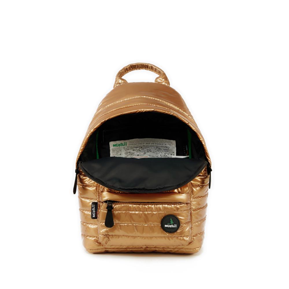 Mueslii original puffer medium and small backpack made of metal coated nylon and Ykk zips, color gold, inside view.