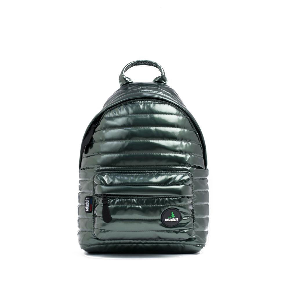 Mueslii original puffer medium and small backpack made of metal coated nylon and Ykk zips, color green, front view.