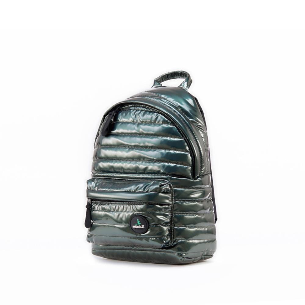 Mueslii original puffer medium and small backpack made of metal coated nylon and Ykk zips, color green,  Cordura® shoulder straps.