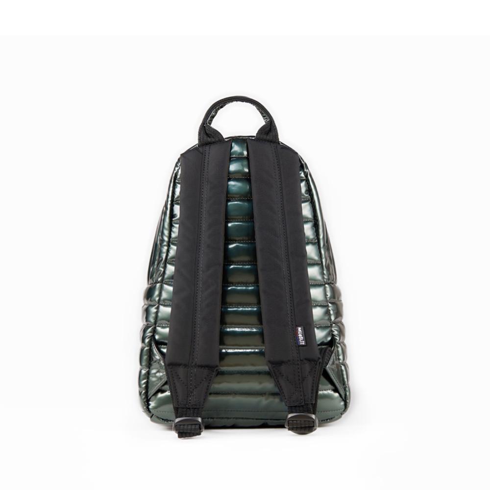 Mueslii original puffer medium and small backpack made of metal coated nylon and Ykk zips, color green, back view.
