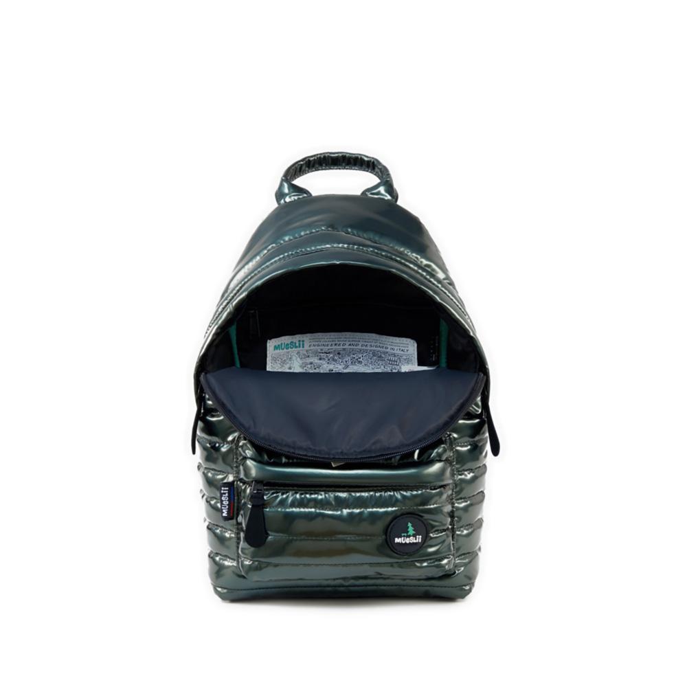Mueslii original puffer medium and small backpack made of metal coated nylon and Ykk zips, color green, inside view.