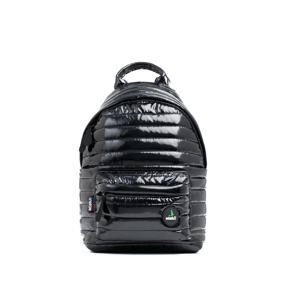 Mueslii original puffer medium and small backpack made of metal coated nylon and Ykk zips, color metal black, front view.
