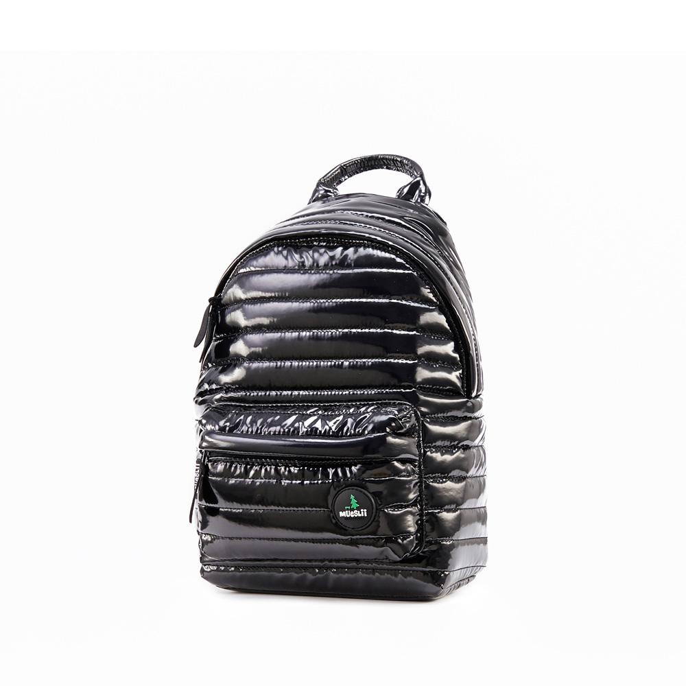Mueslii original puffer medium and small backpack made of metal coated nylon and Ykk zips, color metal black, capacity 9 liters.