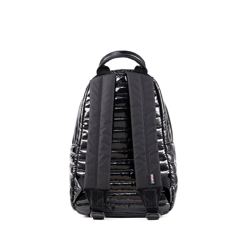 Mueslii original puffer medium and small backpack made of metal coated nylon and Ykk zips, color metal black, back view.