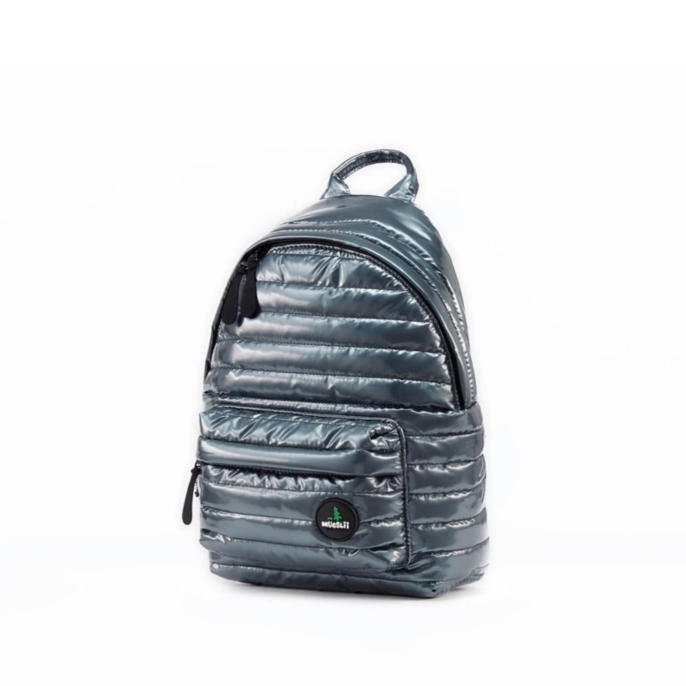 Mueslii original puffer medium and small backpack made of metal coated nylon and Ykk zips, color stone coal grey, light, confortable, nice.