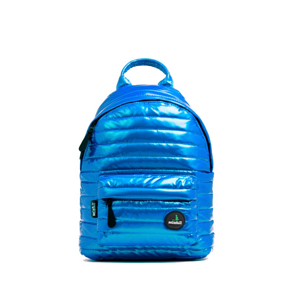 Mueslii original puffer medium and small backpack made of metal coated nylon and Ykk zips, color blue, front view.