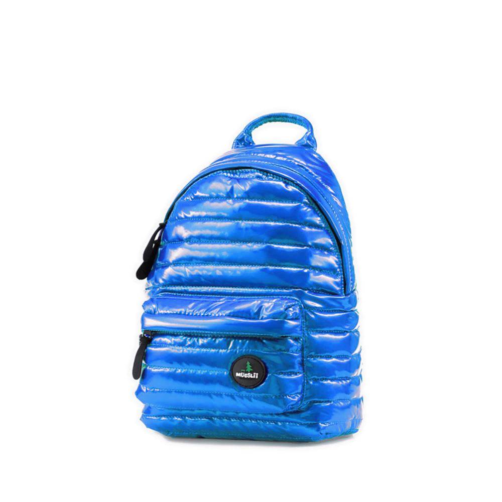 Mueslii original puffer medium and small backpack made of metal coated nylon and Ykk zips, color blue, light and nice.