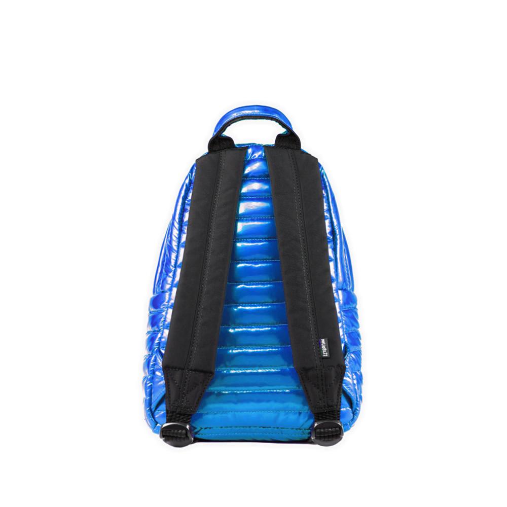 Mueslii original puffer medium and small backpack made of metal coated nylon and Ykk zips, color blue, back view.