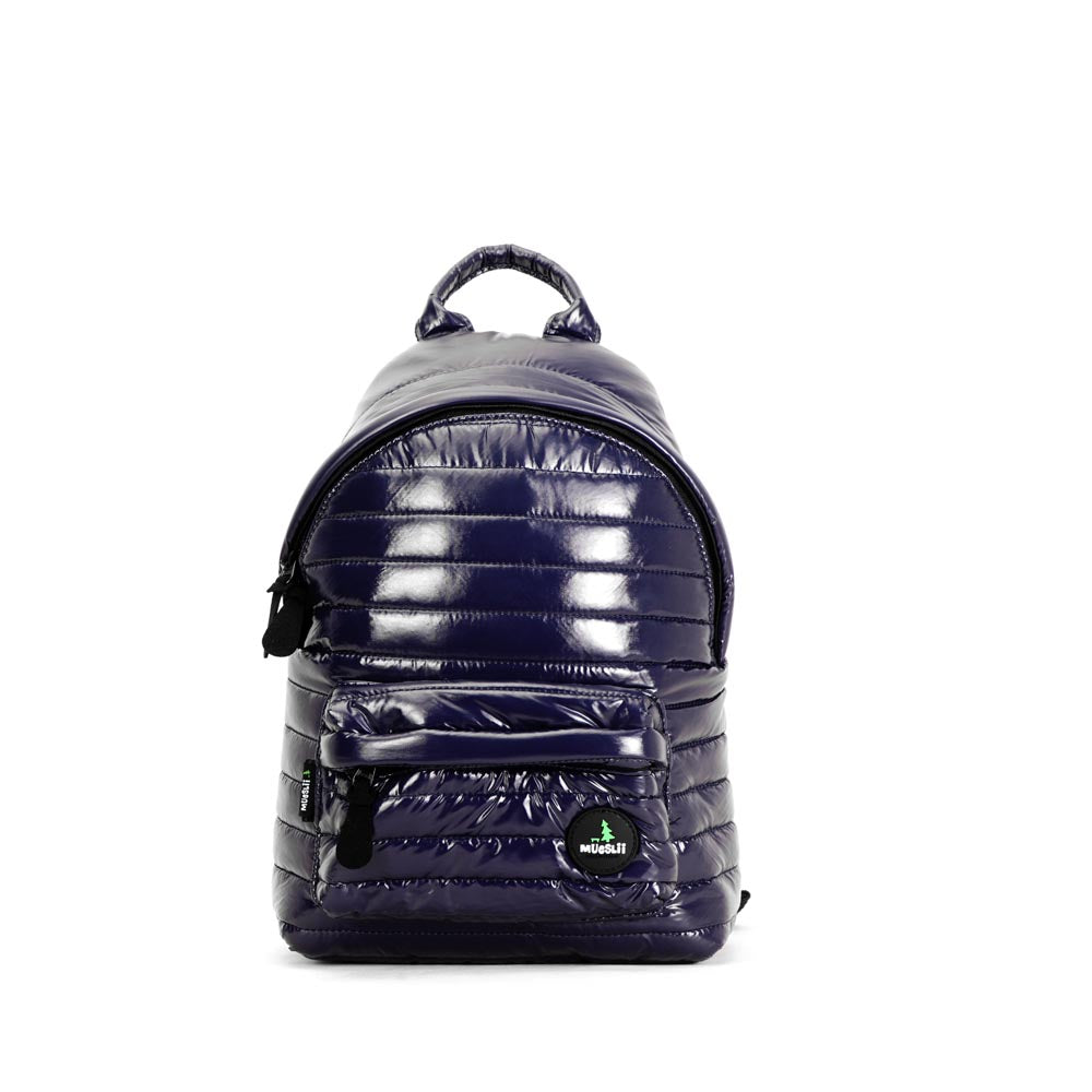 Mueslii original puffer medium and small backpack made of high density nylon and Ykk zips, color blue, front view.