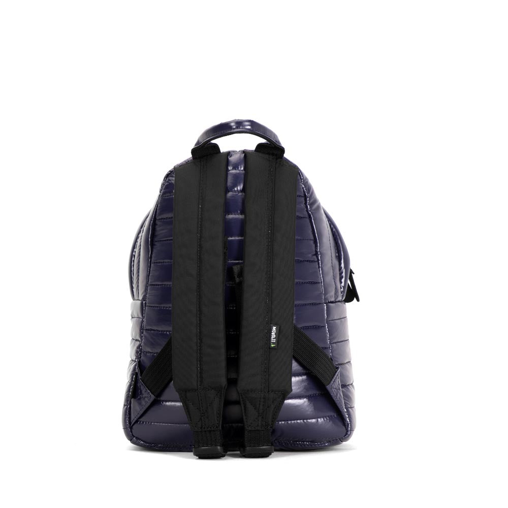 Mueslii original puffer medium and small backpack made of high density nylon and Ykk zips, color blue, back view.