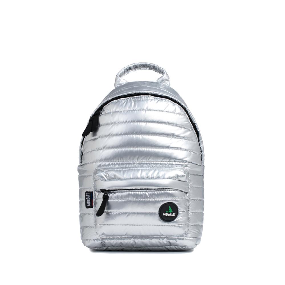 Mueslii original puffer medium and small backpack made of metal coated nylon and Ykk zips, color silver, front view.