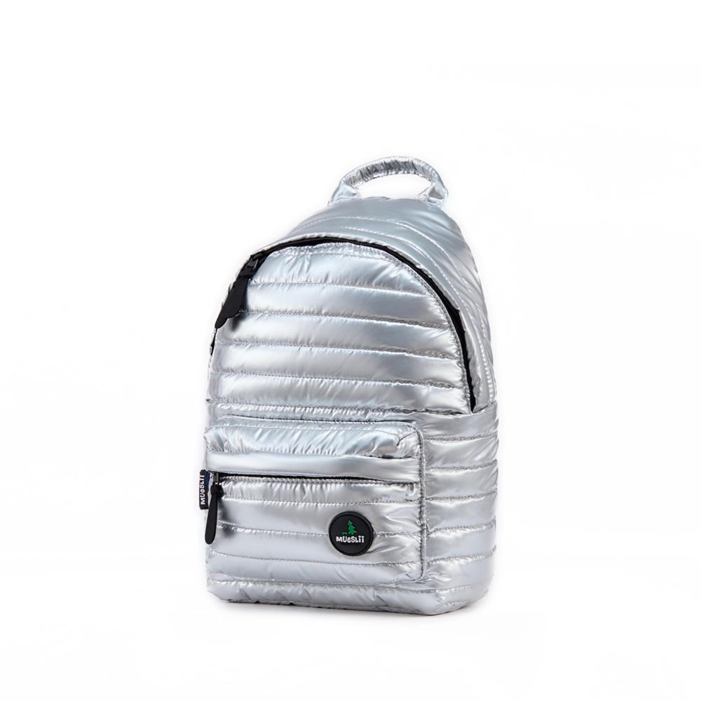 Mueslii original puffer medium and small backpack made of metal coated nylon and Ykk zips, color silver, light and nice.