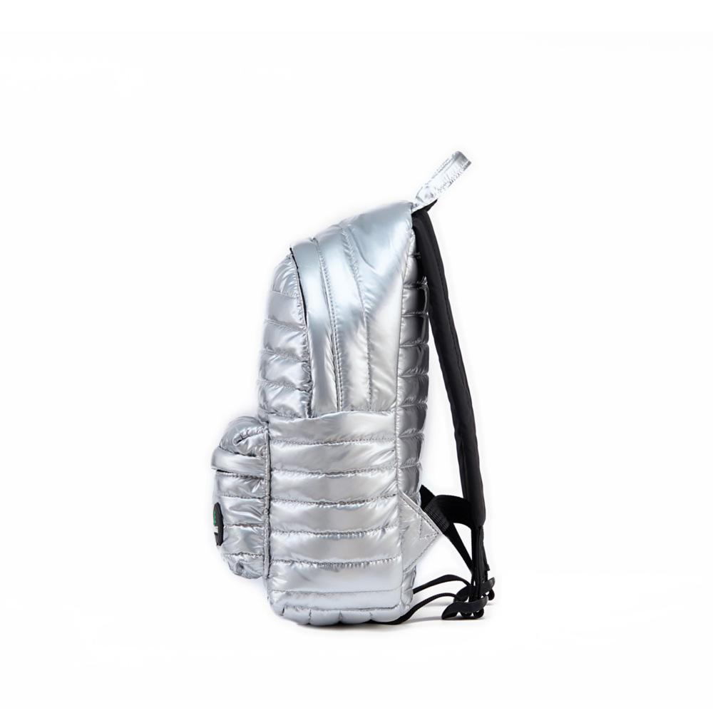 Mueslii original puffer medium and small backpack made of metal coated nylon and Ykk zips, color silver, side view.