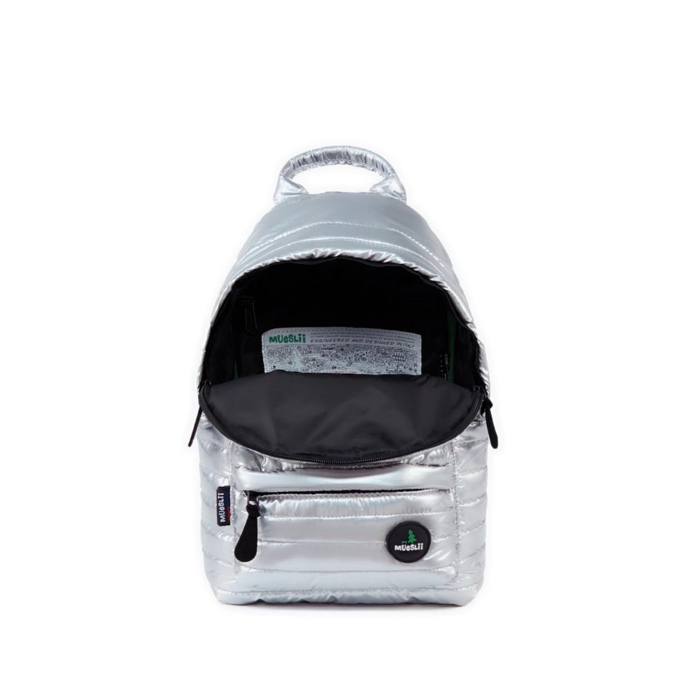 Mueslii original puffer medium and small backpack made of metal coated nylon and Ykk zips, color silver, inside view.