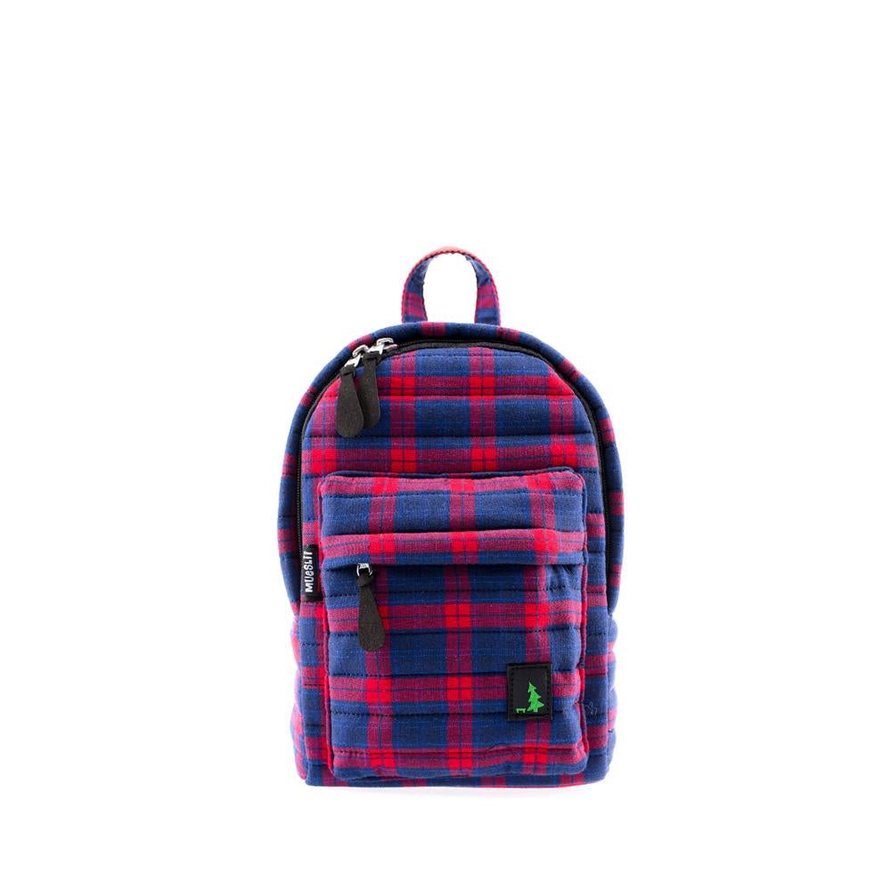 Mueslii original puffer Mini pack made of high density nylon and Ykk zips, pattern red kilt, color blue, red, pink, front view.