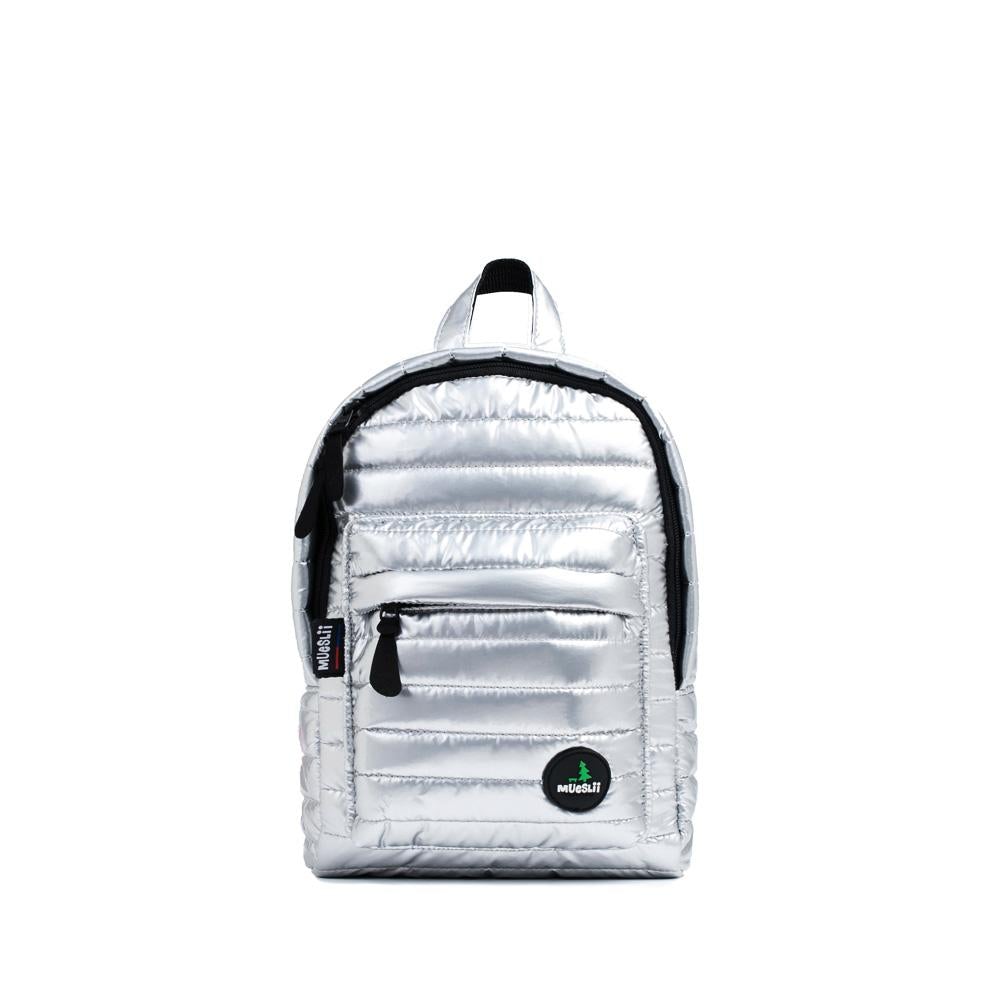 Mueslii original puffer Mini pack made of high density nylon and Ykk zips, color metal silver, front view.