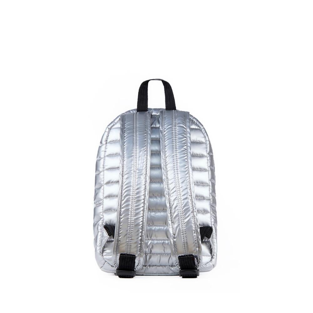 Mueslii original puffer Mini pack made of high density nylon and Ykk zips, color metal silver, back view.