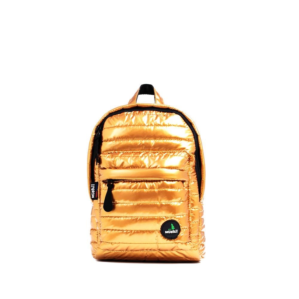 Mueslii original puffer Mini pack made of high density nylon and Ykk zips, color metal gold, front view.