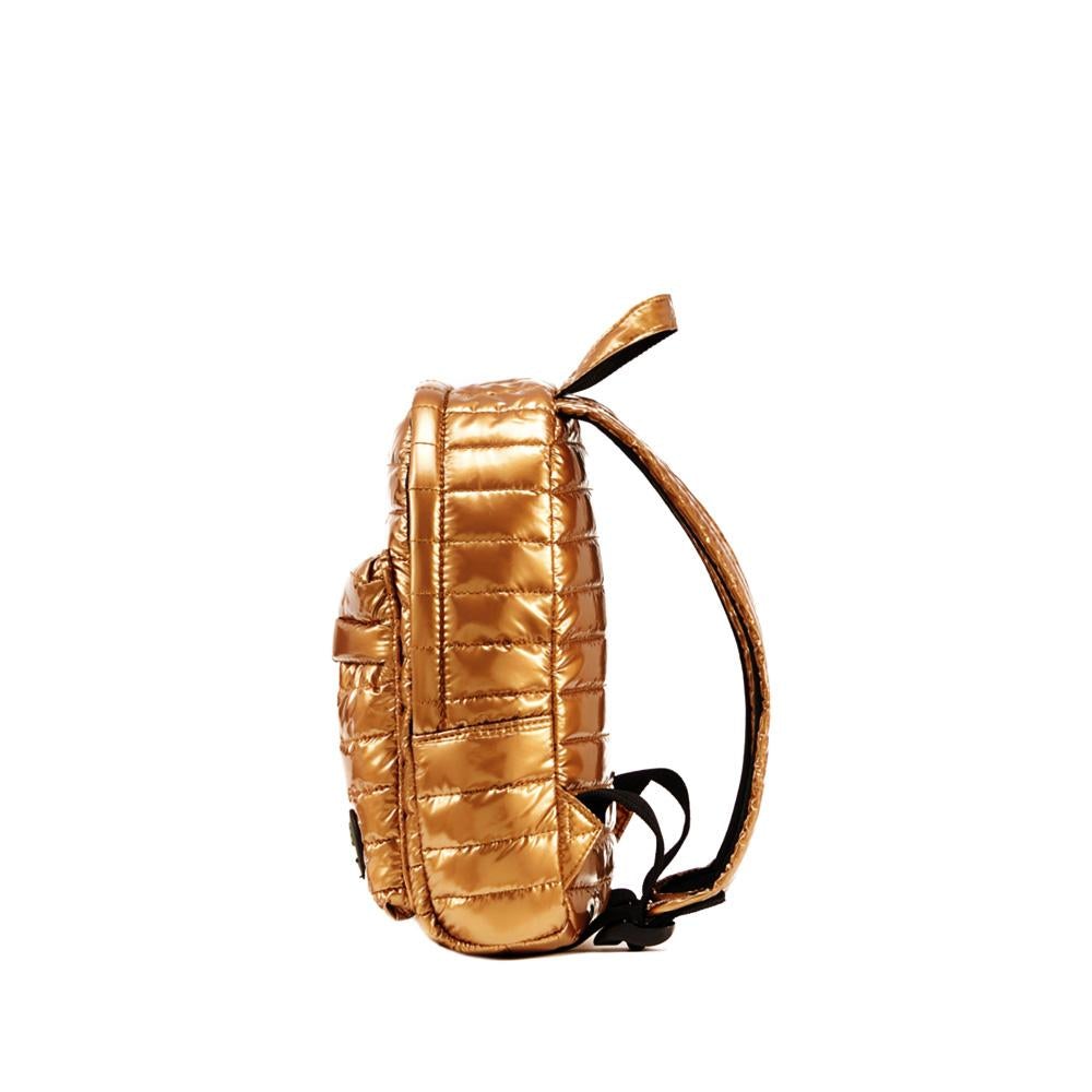Mueslii original puffer Mini pack made of high density nylon and Ykk zips, color metal gold, side view.