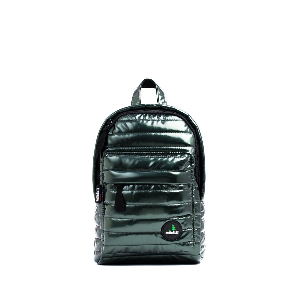 Mueslii original puffer Mini pack made of high density nylon and Ykk zips, color metal green, front view.