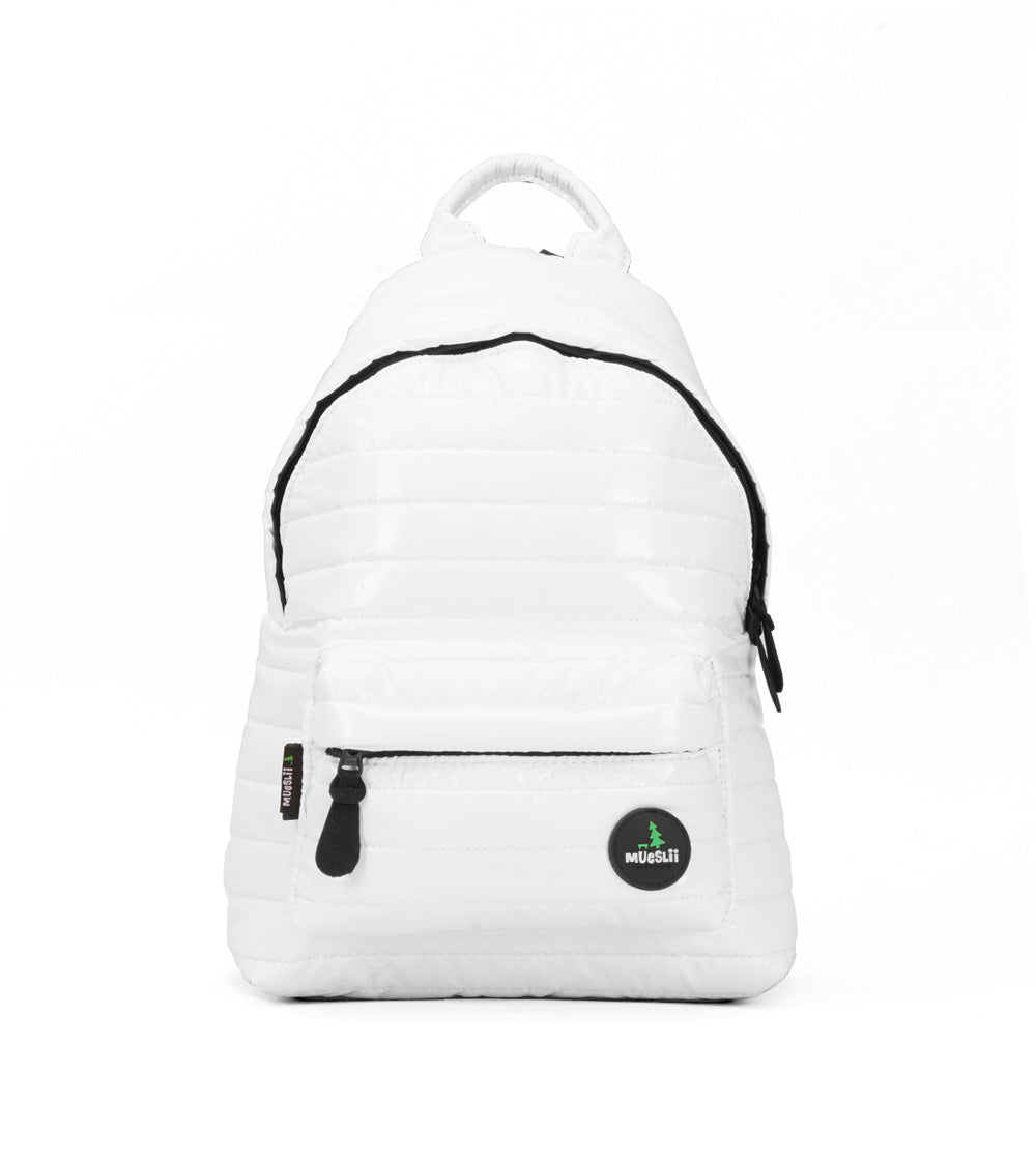 Mueslii original puffer medium and small backpack made of metal coated nylon and Ykk zips, color white, front view.