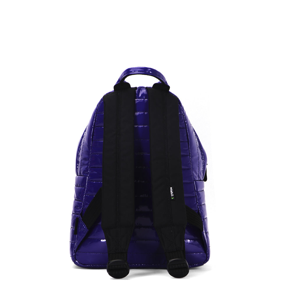 Mueslii original puffer medium and small backpack made of metal coated nylon and Ykk zips, color purple blue, back side.