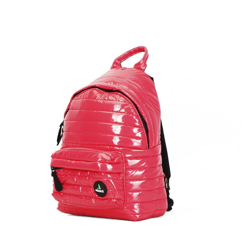 Mueslii original puffer medium and small backpack made of metal coated nylon and Ykk zips, color pink red, small, confortable, light.