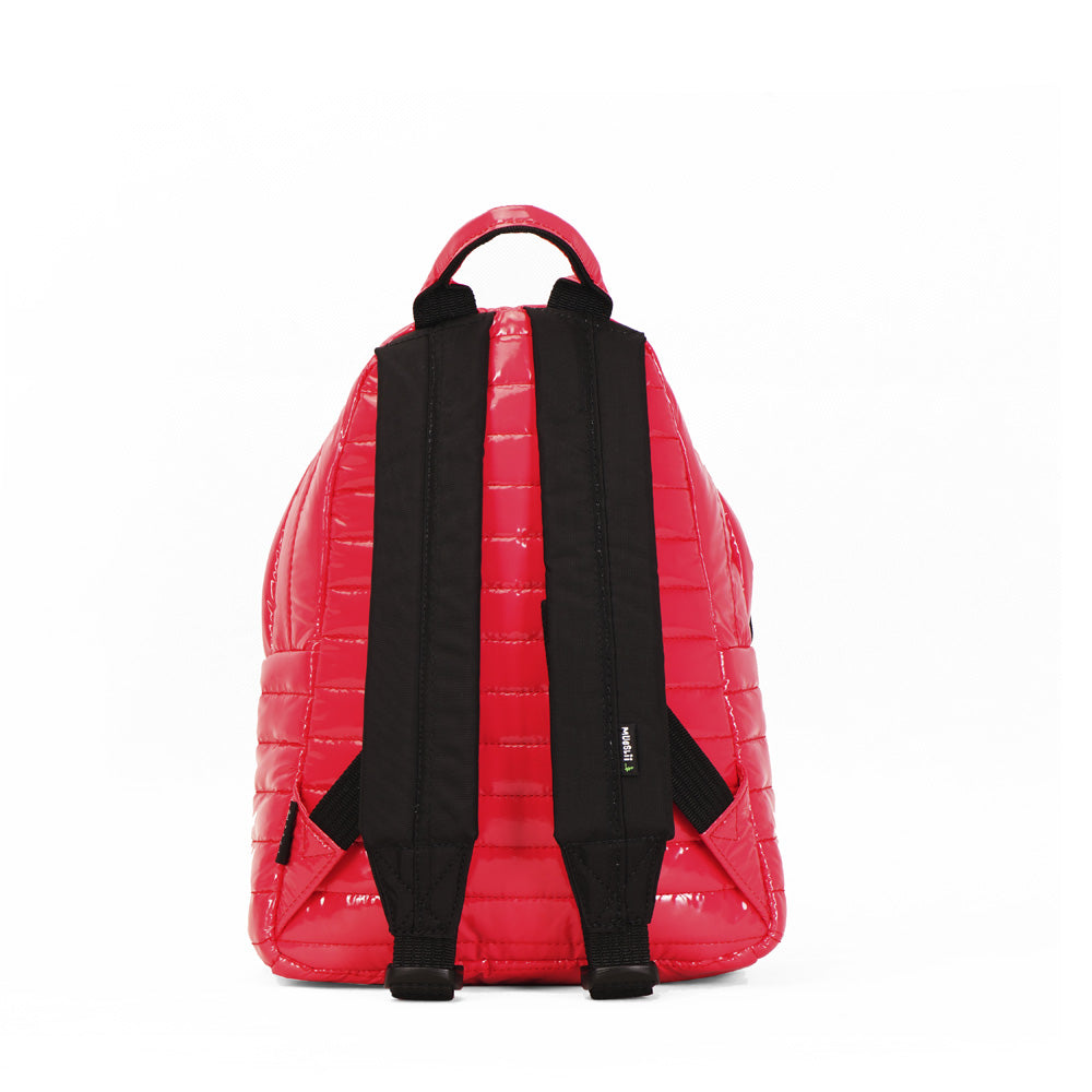 Mueslii original puffer medium and small backpack made of metal coated nylon and Ykk zips, color pink red, back view.