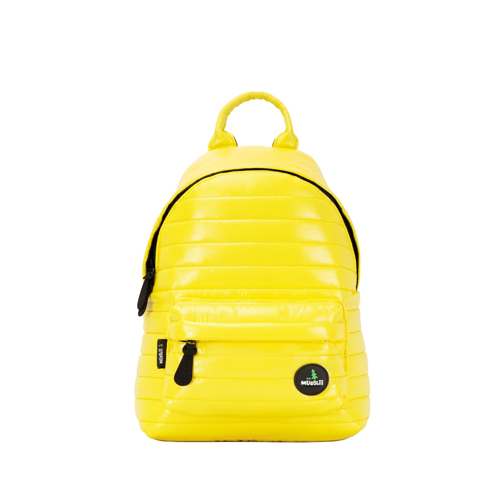 Mueslii original puffer medium and small backpack made of high density nylon and Ykk zips, color yellow, front view.