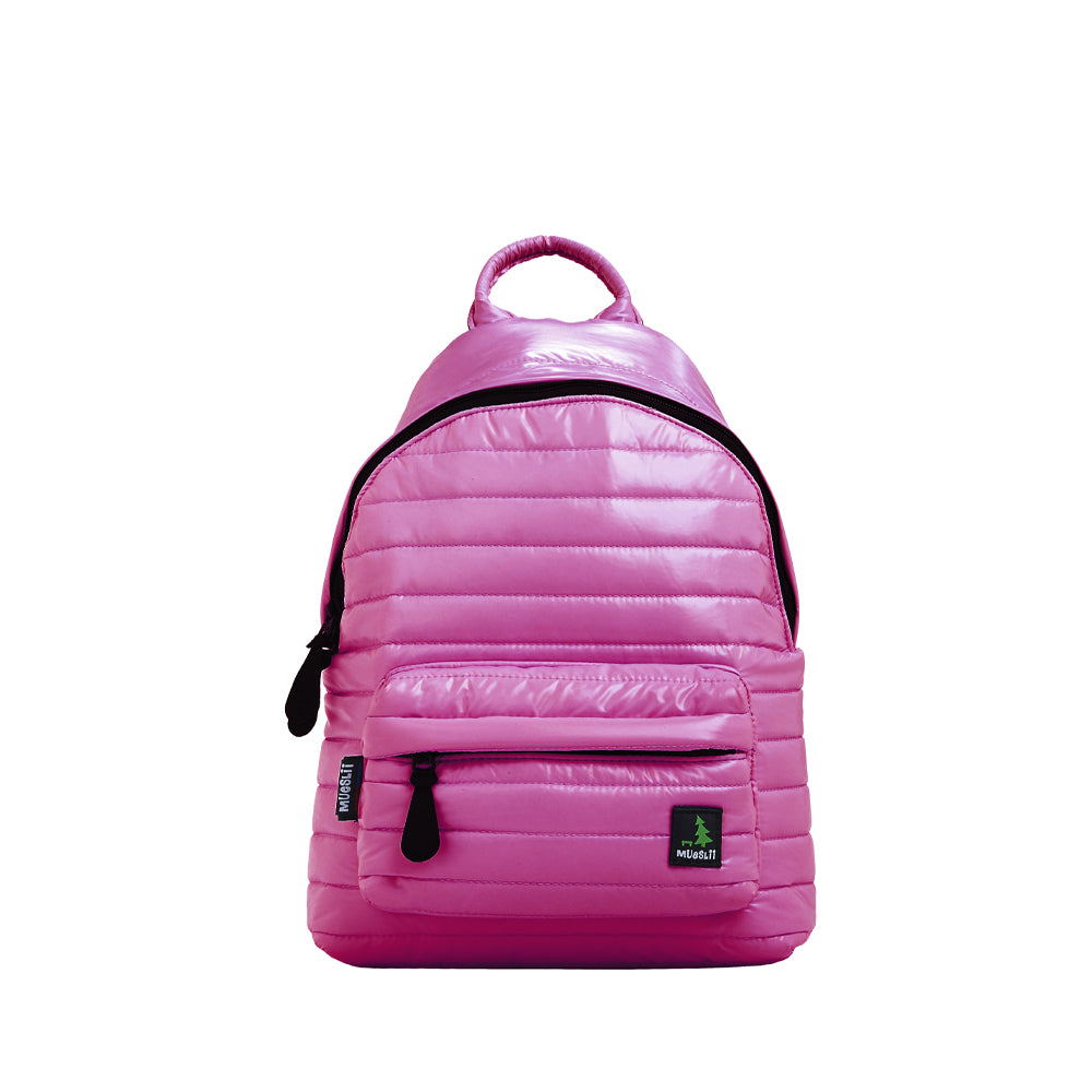 Mueslii original puffer medium and small backpack made of high density nylon and Ykk zips, color rose, front view.