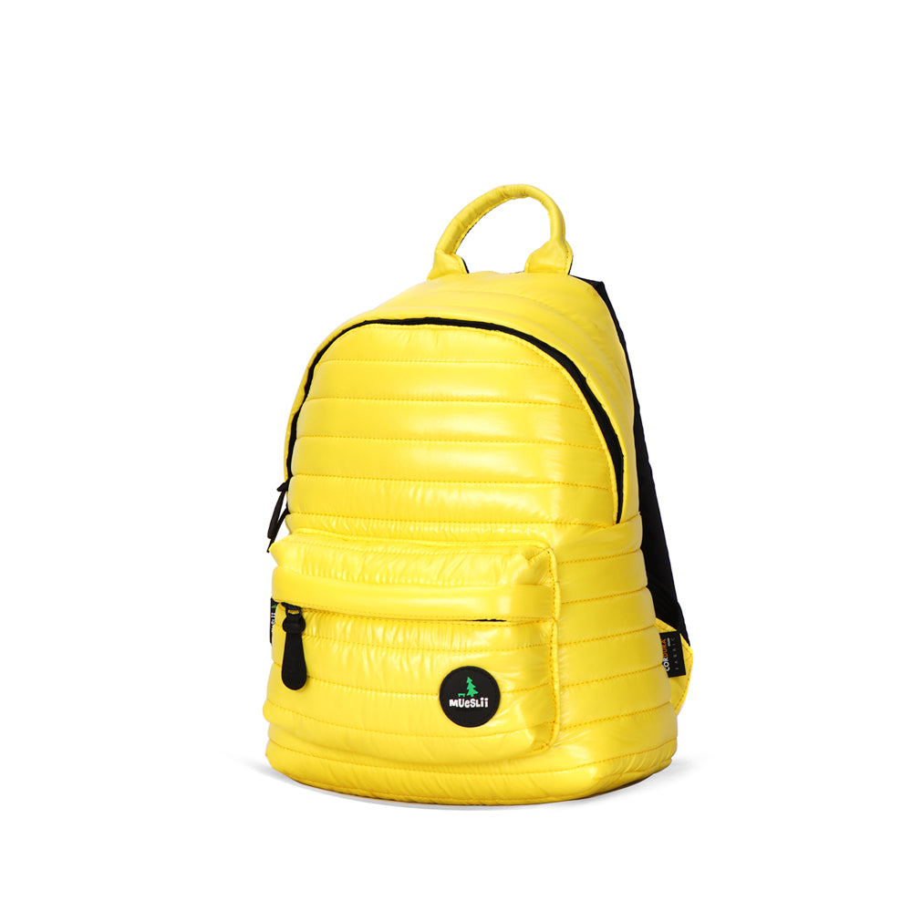 Mueslii original puffer medium and small backpack made of high density nylon and Ykk zips, color yellow, inner zippered pocket.