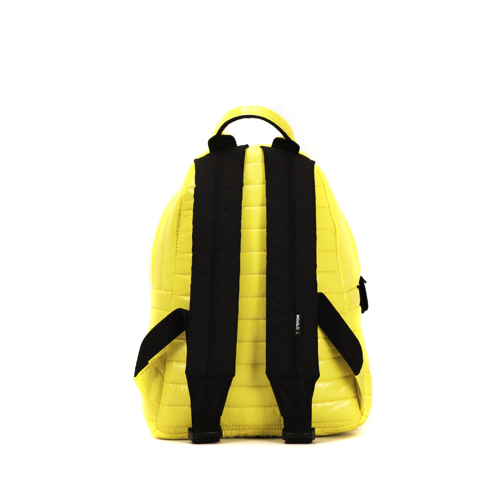 Mueslii original puffer medium and small backpack made of high density nylon and Ykk zips, color yellow, back view.