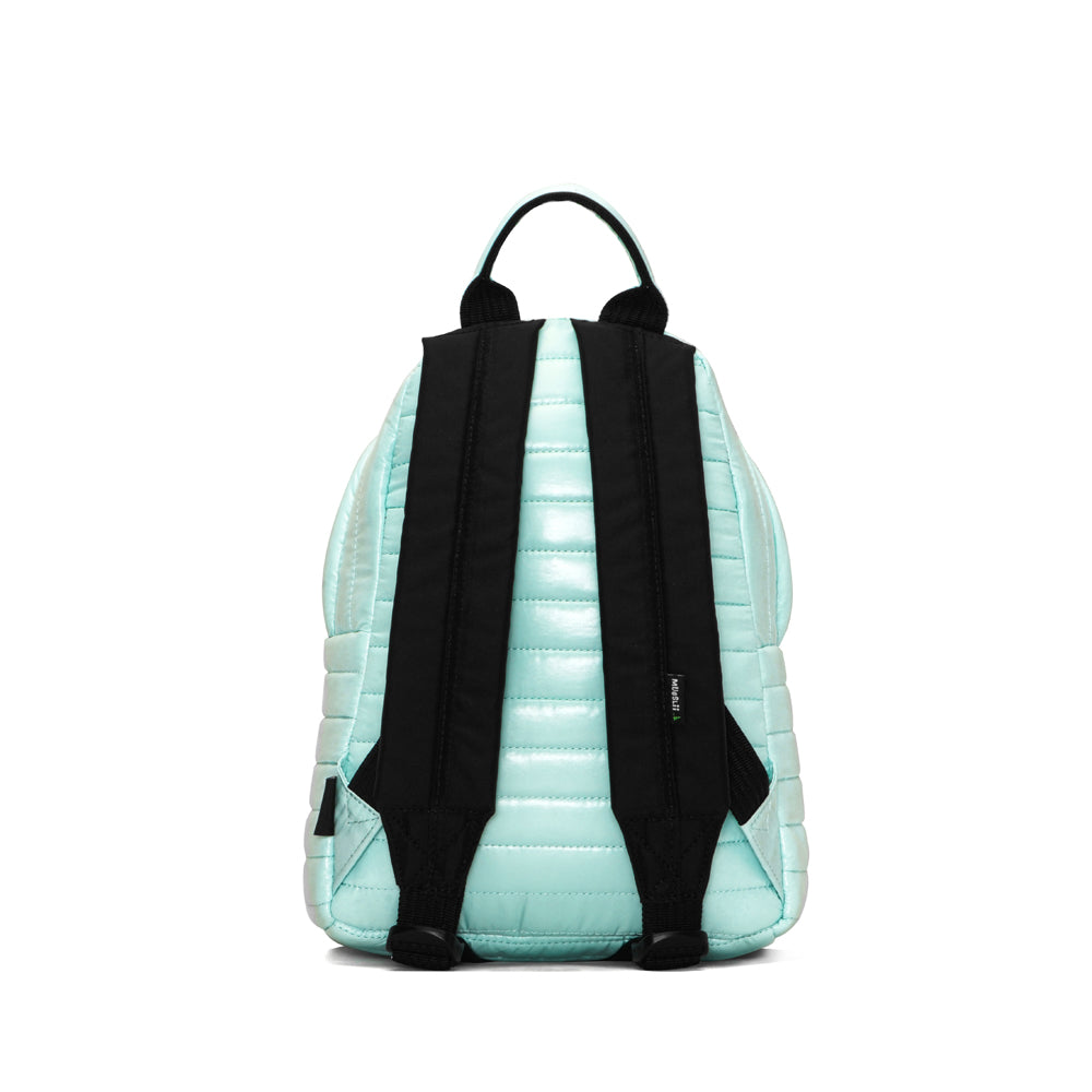 Mueslii original puffer medium and small backpack made of high density nylon and Ykk zips, color light green, back view.