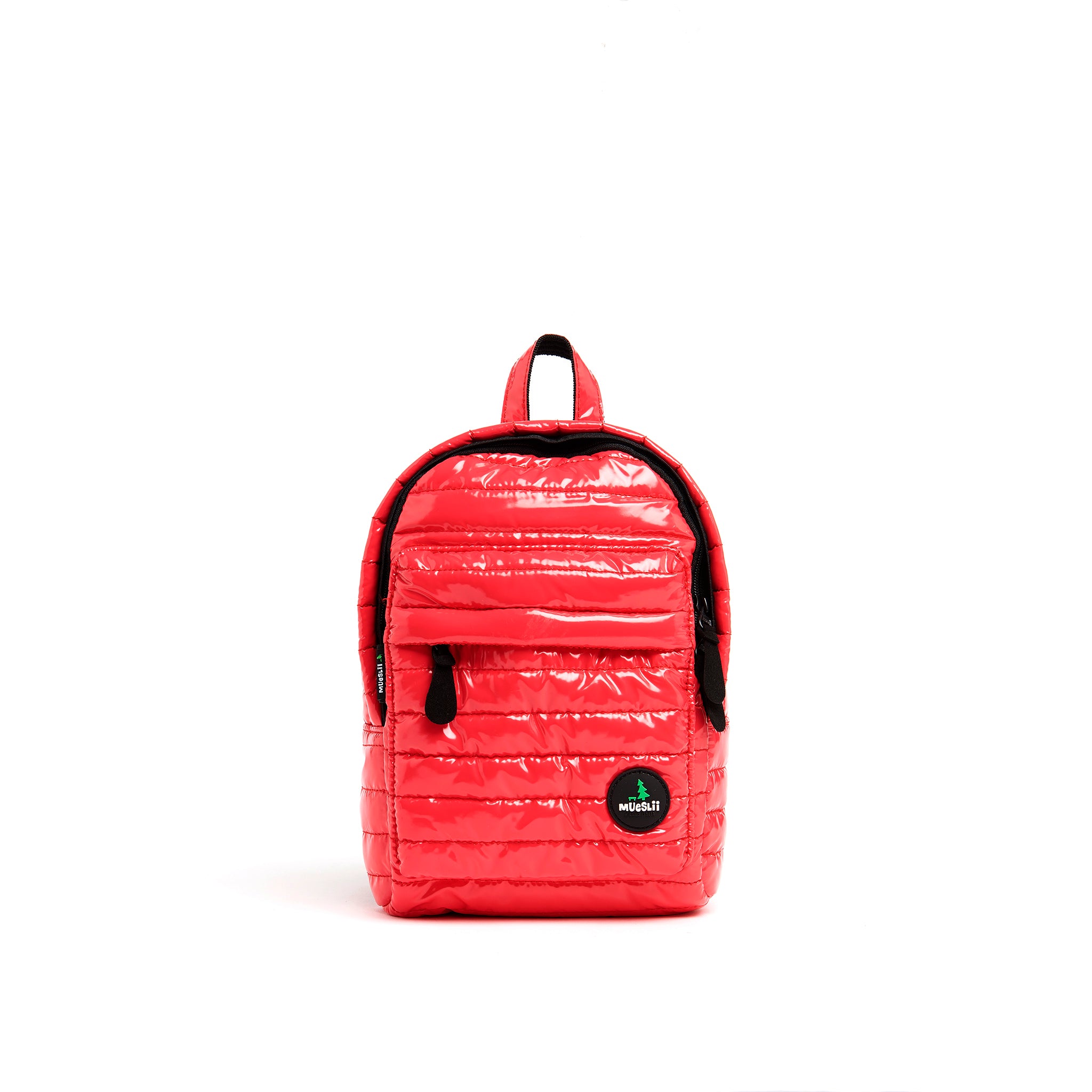 Mueslii original puffer Mini pack made of high density nylon and Ykk zips, color metal red, front view.