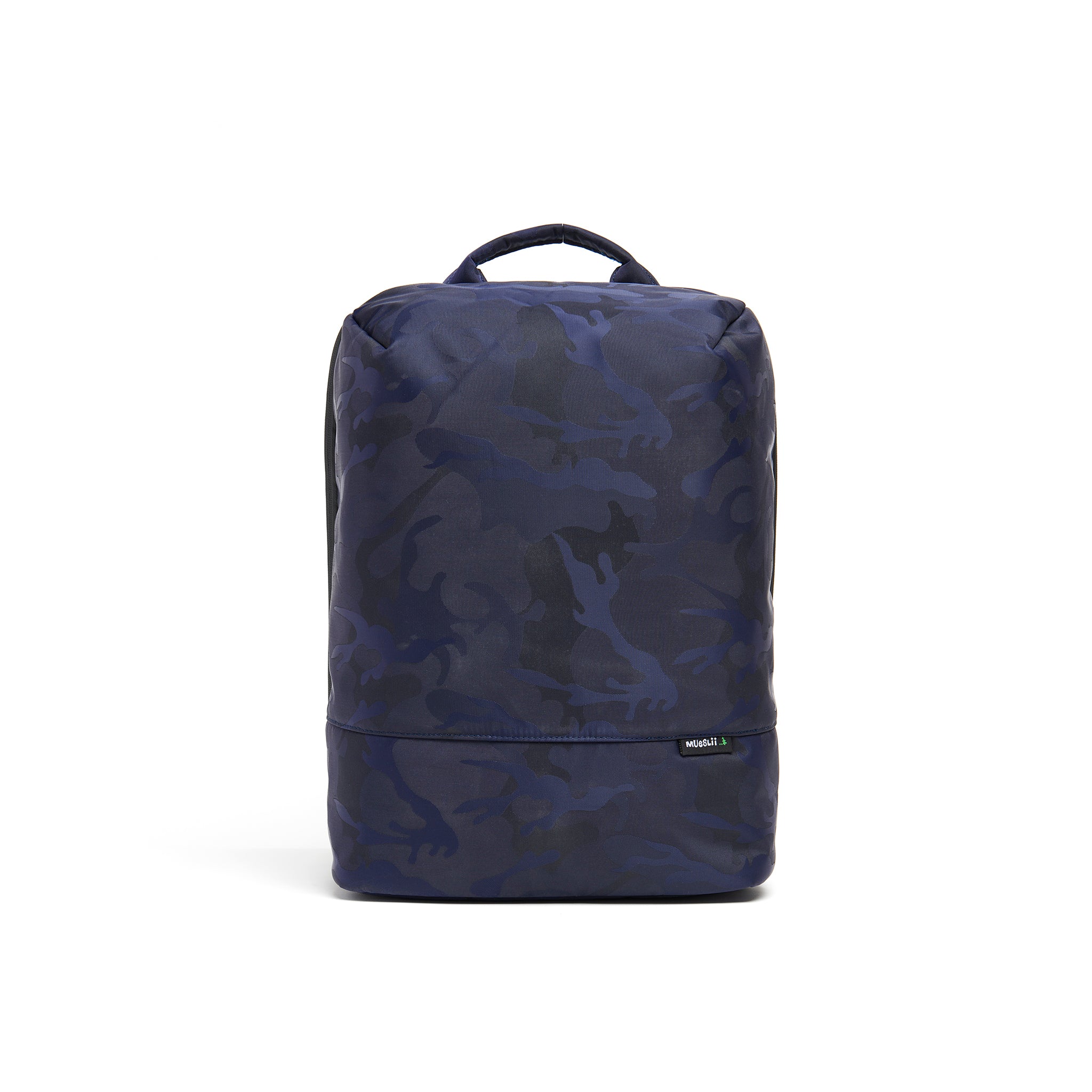Mueslii travel backpack, made of waterproof jacquard nylon, camouflage pattern, with a laptop compartment, color blue, front view.