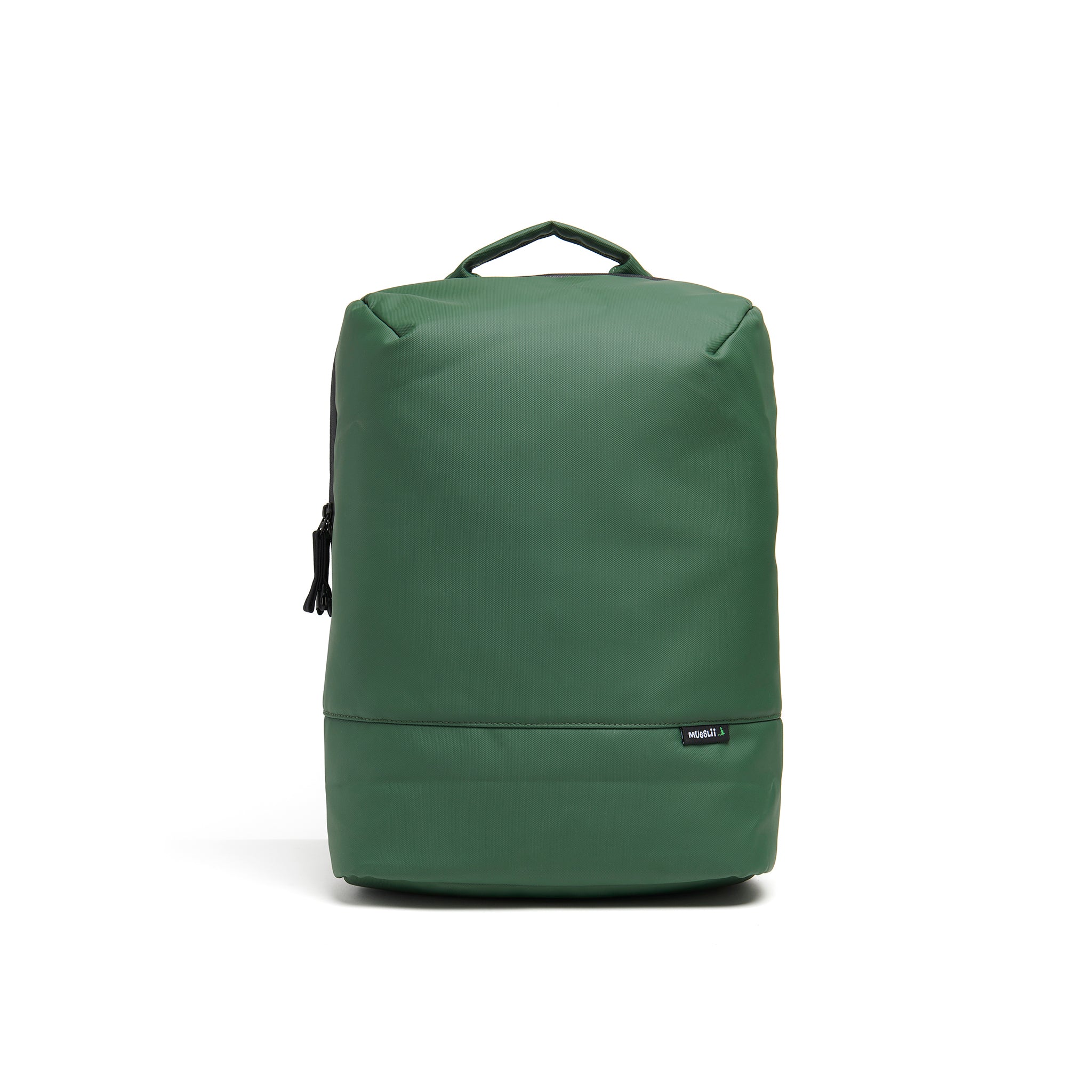 Mueslii travel backpack, made of PU coated waterproof nylon, with a laptop compartment, color olive green, front view.