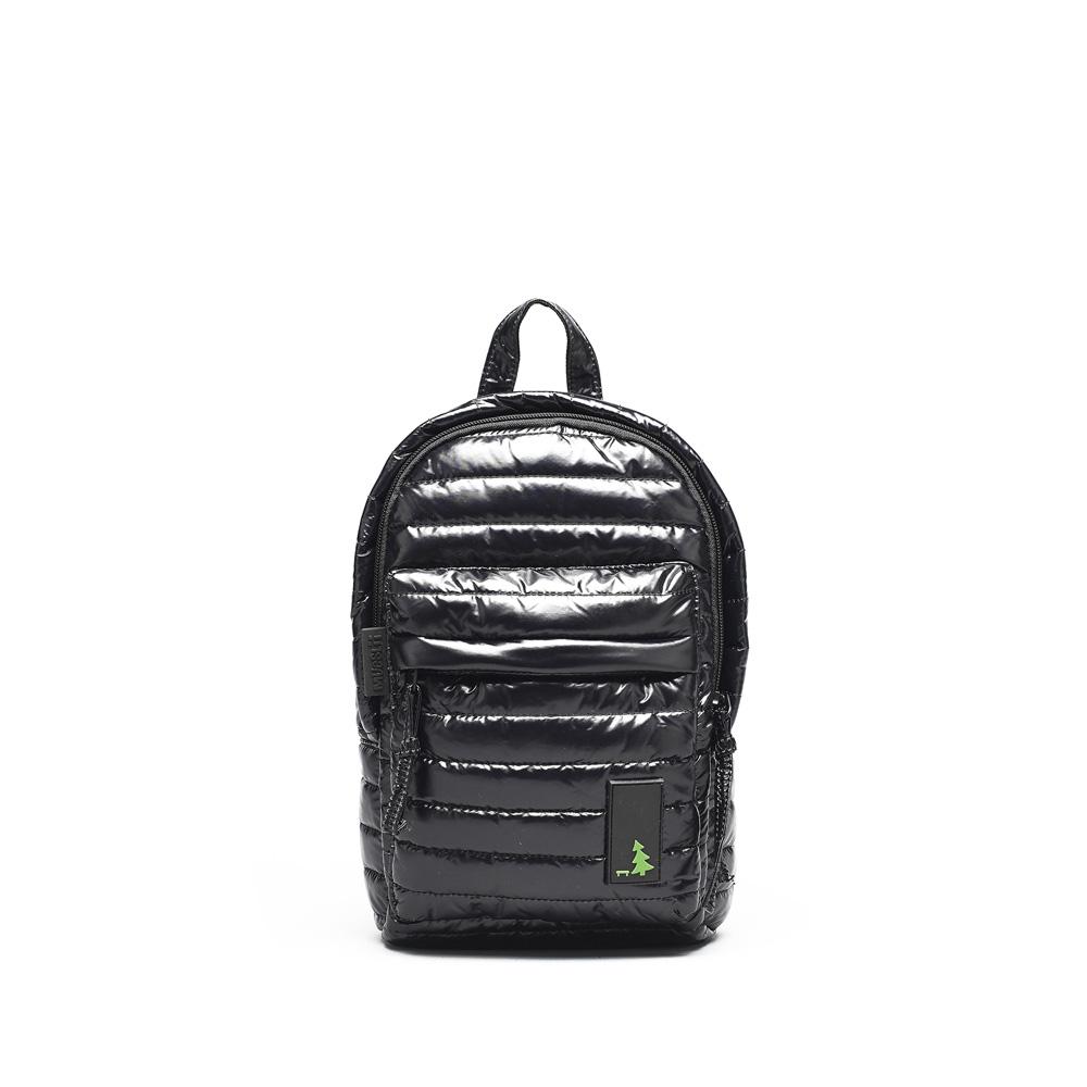 Mueslii original puffer Mini pack made of high density nylon and Ykk zips, color black, front view.