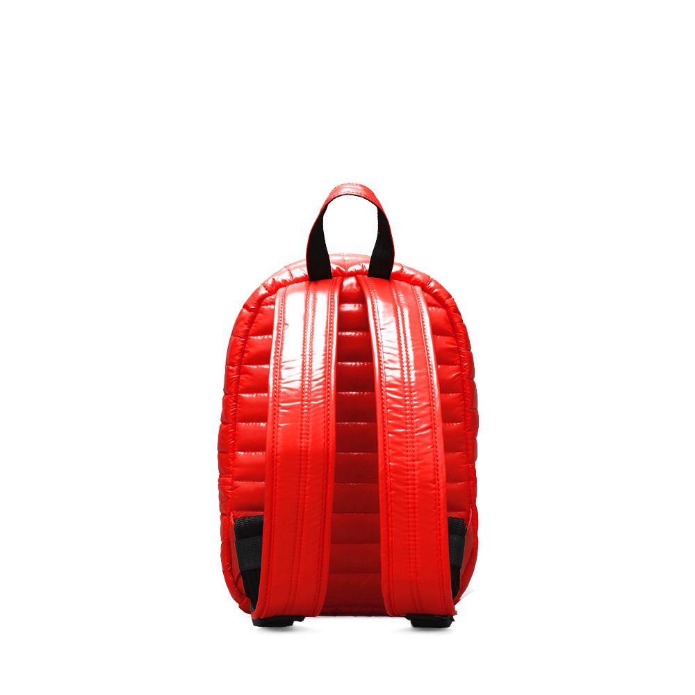 Mueslii original puffer Mini pack made of high density nylon and Ykk zips, color red, back view.