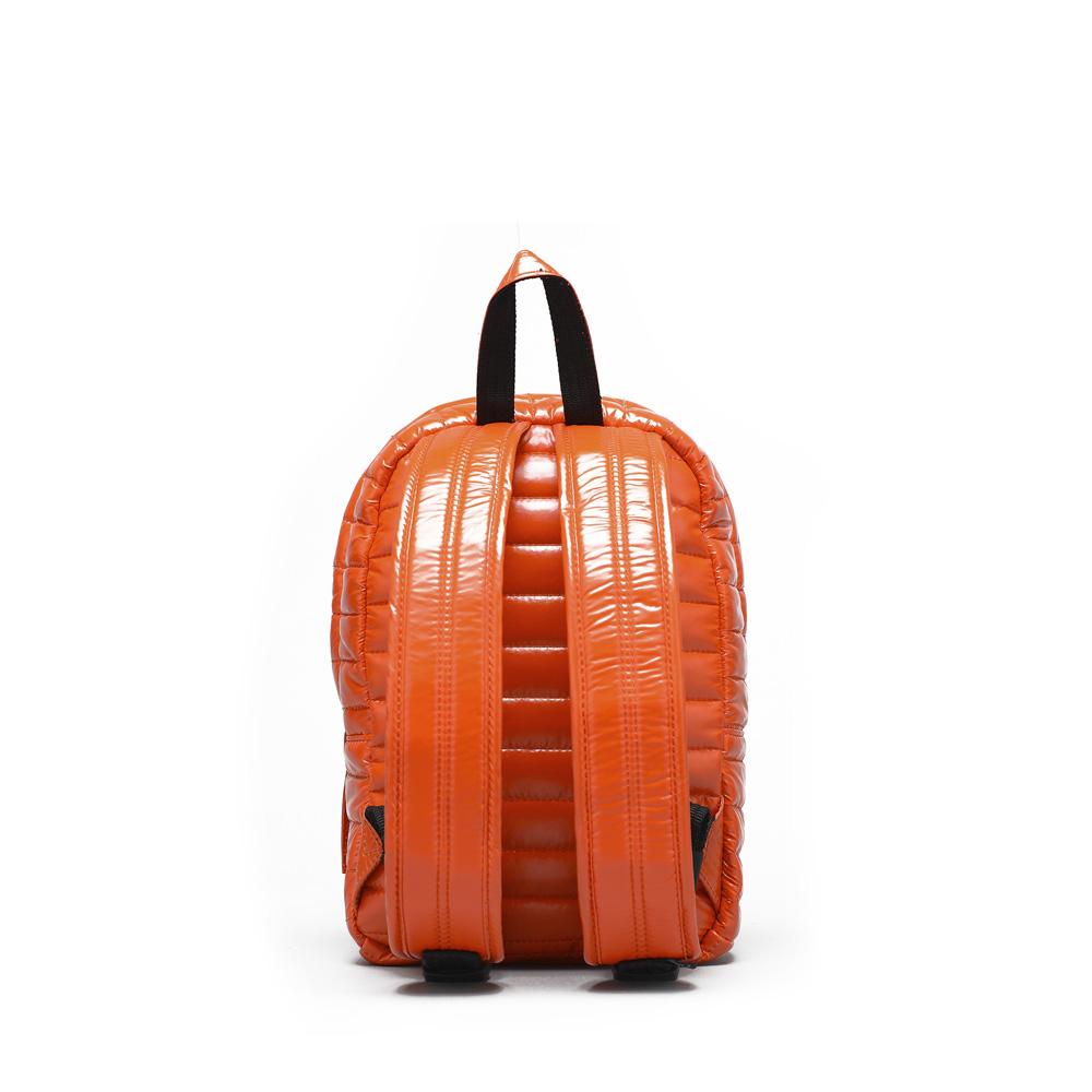 Mueslii original puffer Mini pack made of high density nylon and Ykk zips, color orange, back view.