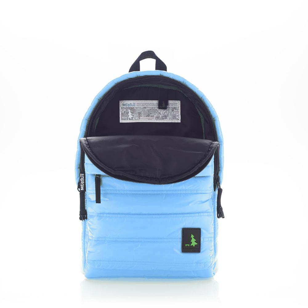 Mueslii original puffer daily backpack made of high density nylon and Ykk zips, color light blue, inside view. 