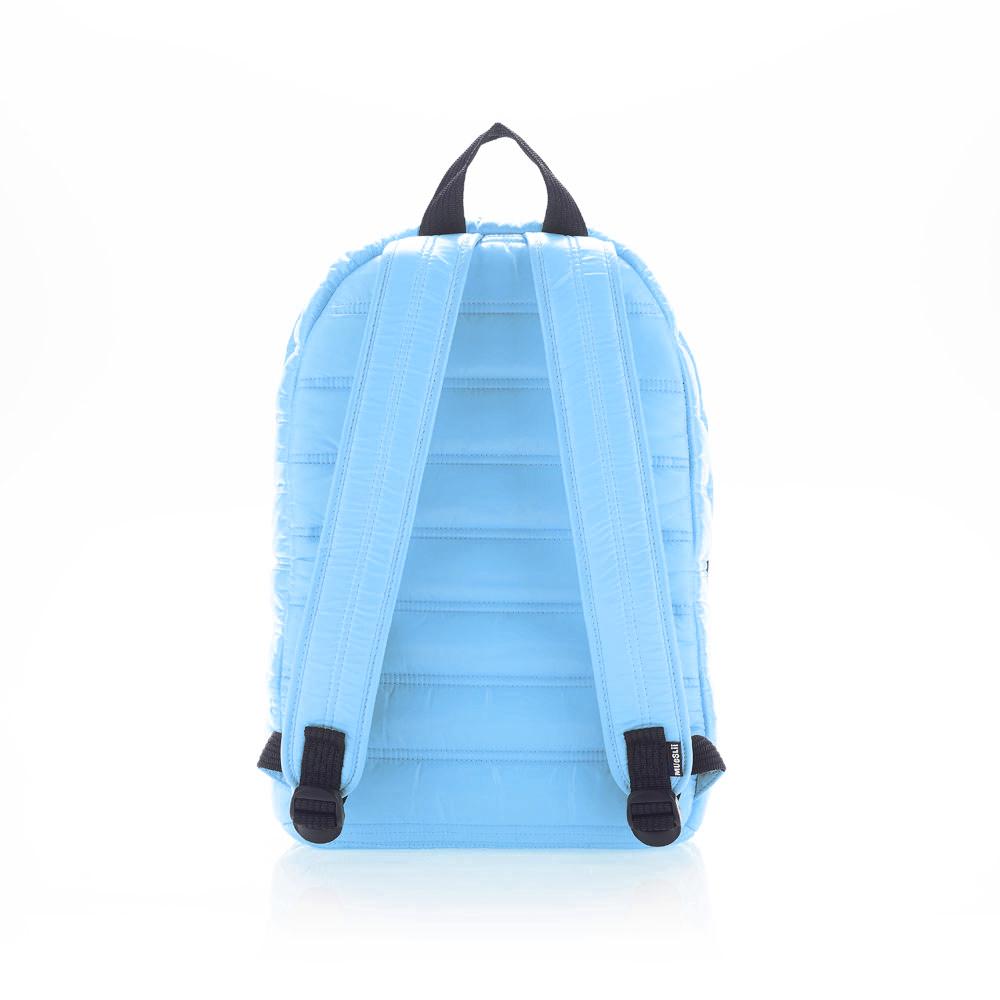 Mueslii original puffer daily backpack made of high density nylon and Ykk zips, color light blue, back view.