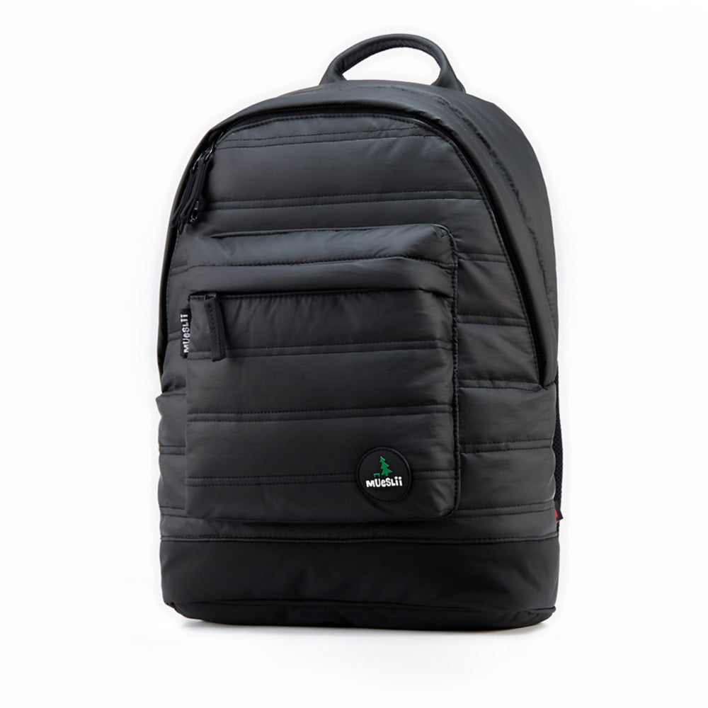 Mueslii original puffer laptop backpack made of high density nylon and Ykk zips, color matte black, front pocket.