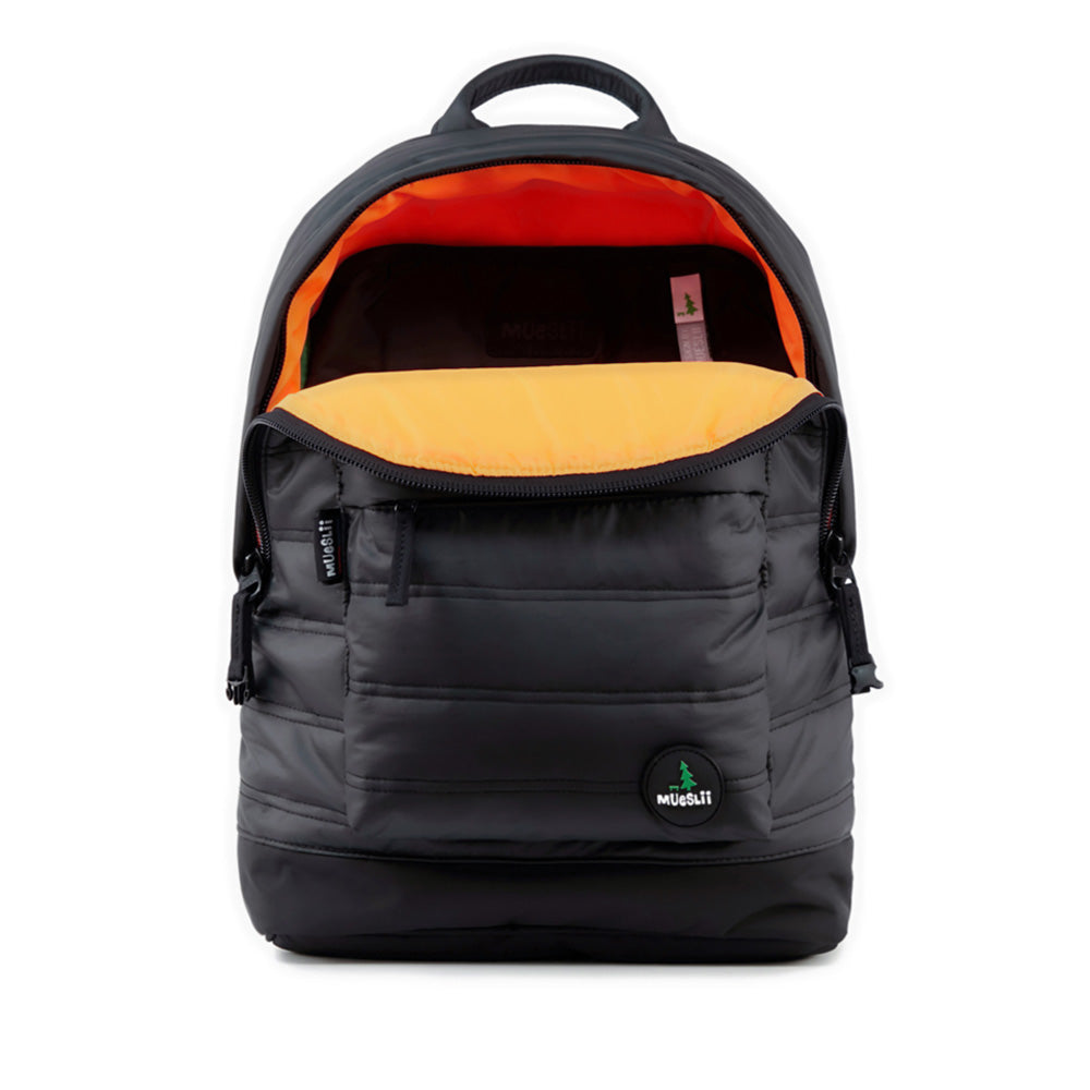Mueslii original puffer laptop backpack made of high density nylon and Ykk zips, color black shiny, inside view.