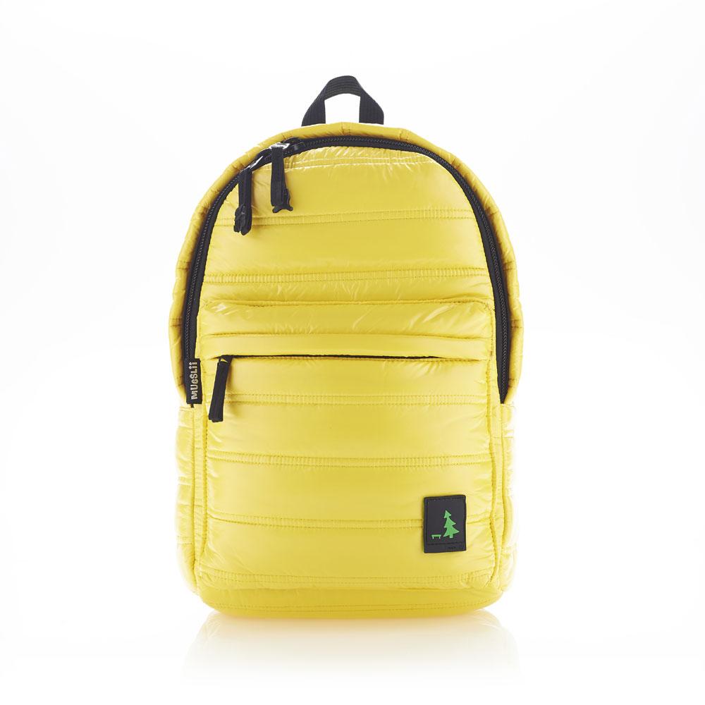 Mueslii original puffer daily backpack made of high density nylon and Ykk zips, color golden poppy, front view.