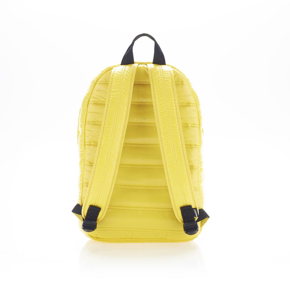 Mueslii original puffer daily backpack made of high density nylon and Ykk zips, color golden poppy, back view.
