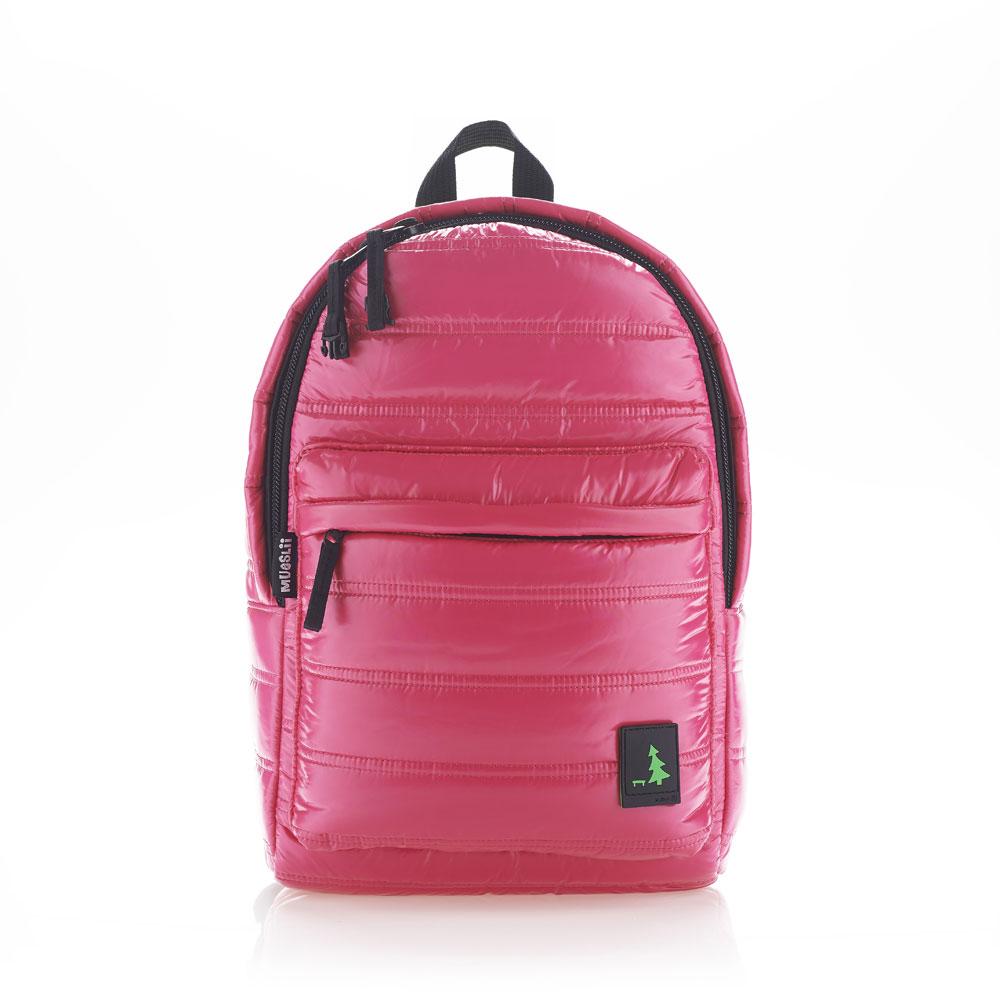 Mueslii original puffer daily backpack made of high density nylon and Ykk zips, color persian pink, front view.