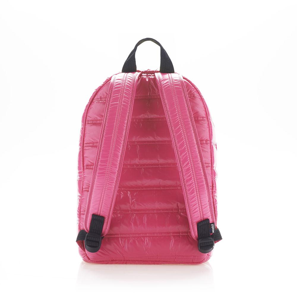Mueslii original puffer daily backpack made of high density nylon and Ykk zips, color persian pink, back view.